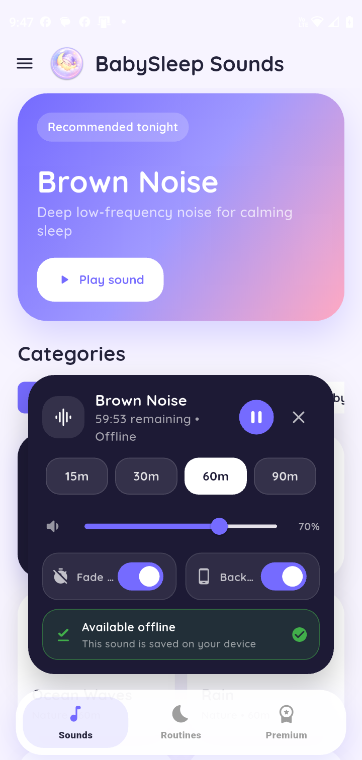 BabySleep Sounds app player screen