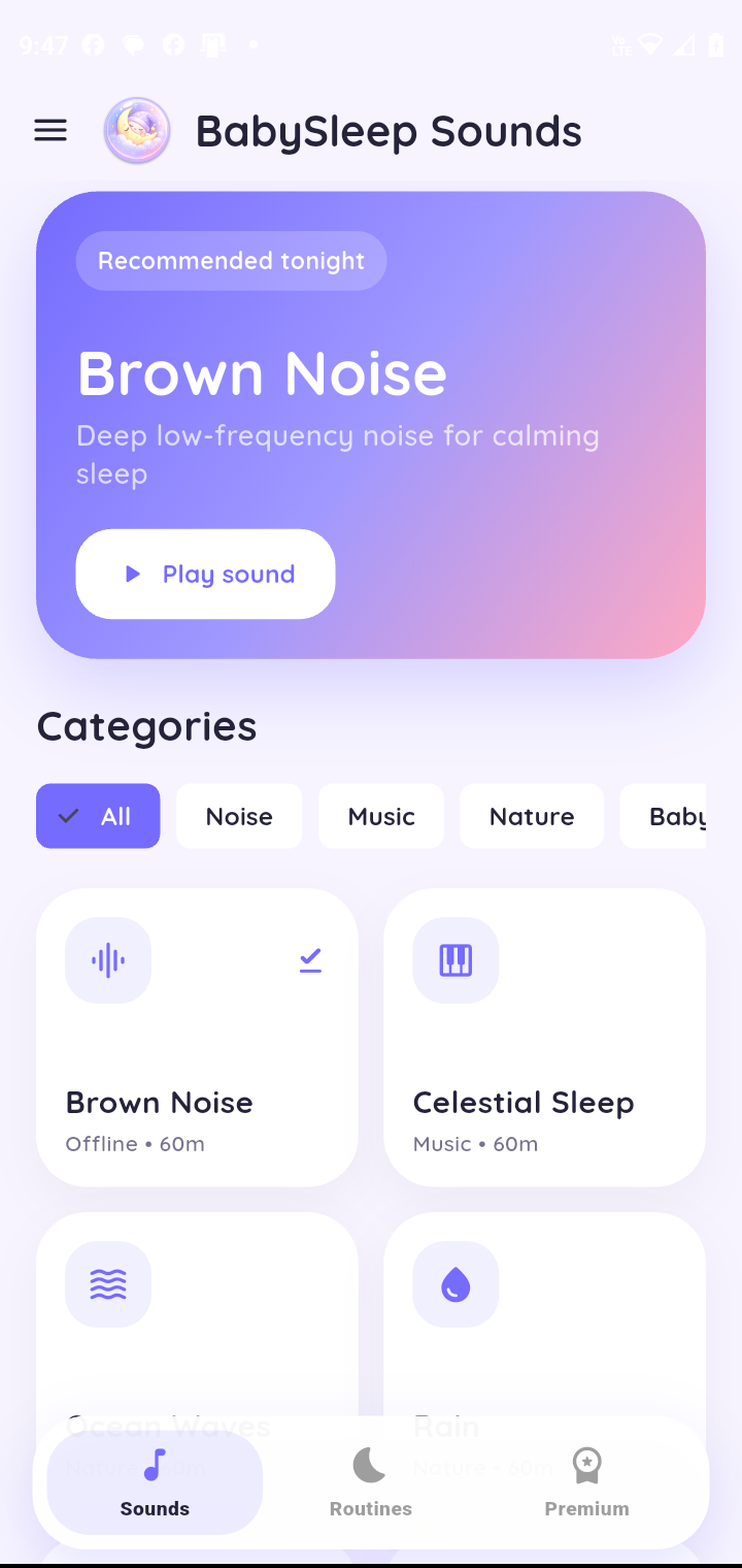 BabySleep Sounds library screen